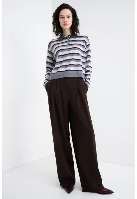 Раиран вълнен пуловер с копчета - Светло сив/Tъмносив/Тъмновиолетов