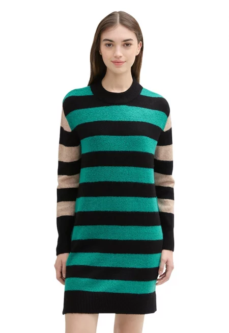 Раирана рокля с паднали ръкави - Зелен/Черен/Бежов