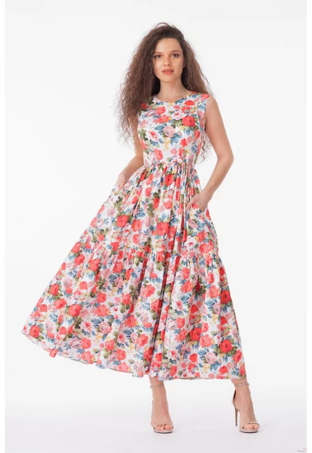 Разкроена рокля с джобове встрани - без ръкави - Бял/Корал/Прашно синьо