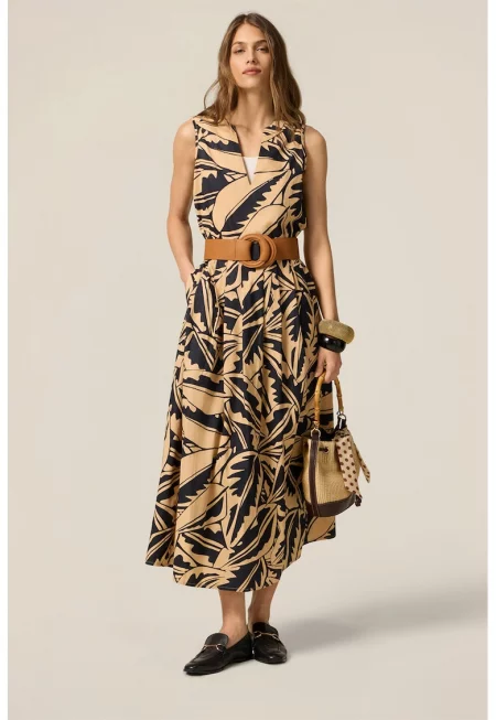 Разкроена рокля с графична шарка - Черен/Бледооранжев