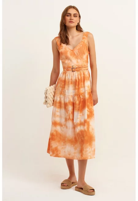 Разкроена рокля с хоризонтален меланж - Персийски портокал/Мръснобял
