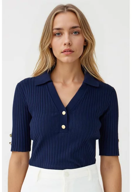 Рипсена слим тениска - Тъмносин