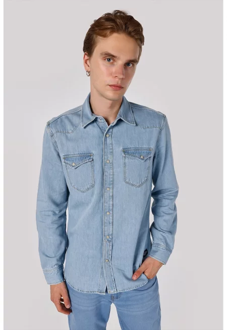 Риза от шамбре с капси - Светлосин