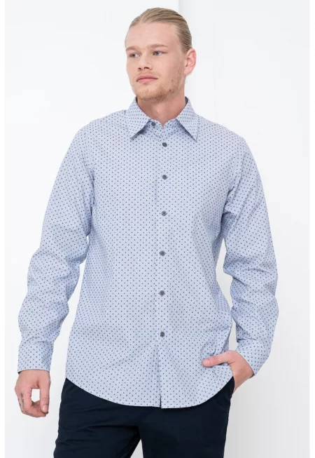 Риза с десен и класическа яка - Бял/Черен/Кралско Синьо