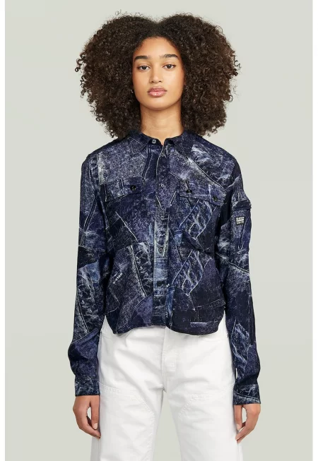 Риза с принт - Бял/Ултрамарин синьо/Син