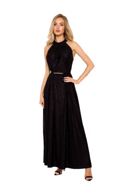 Rochie maxi evazata cu curea aurie - Poliester