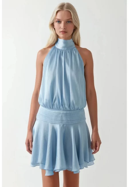 Рокля Мини -  Текстурирана с Висока Яка - Ледено Синя - Текстил