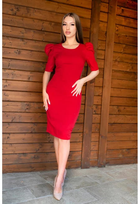 Рокля с овално деколте и бухнали ръкави - Червен