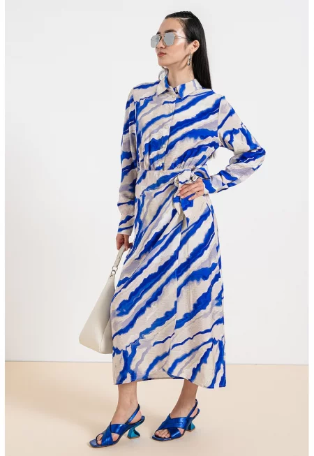 Рокля тип риза с десен - Светло сив/Син