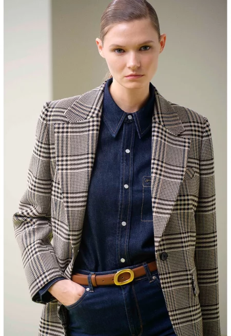Сако на каре с раздвоен ревер - Бял/Черен/Светлокафяв