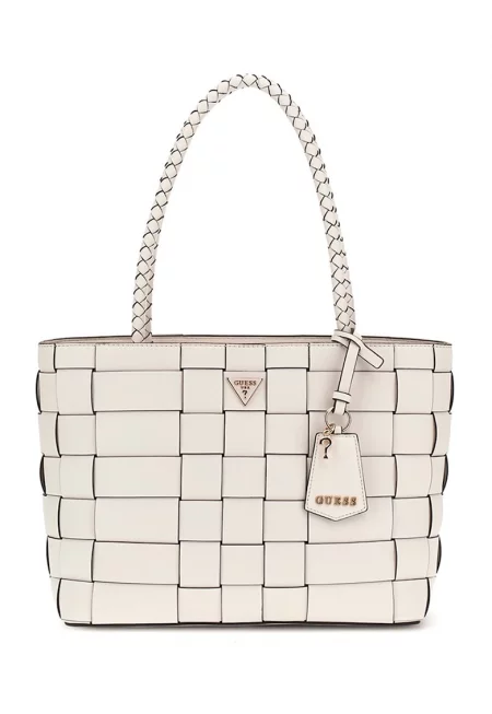 Шопинг чанта от еко кожа с аксесоар лого - Мръснобял