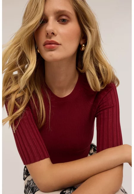 Слим пуловер с къси ръкави и рипс