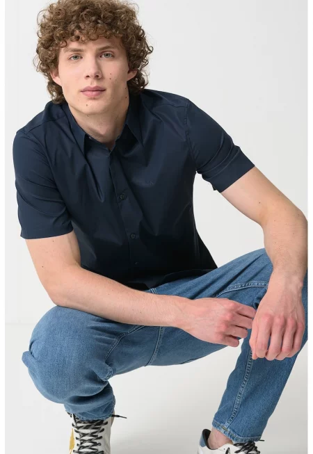 Слим риза с къси ръкави - Тъмносин