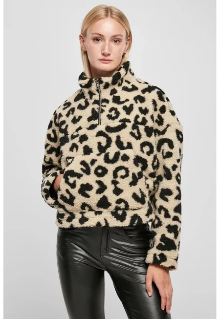 Суитшърт с джоб кенгуру и къс цип - Черен/Светло бежово