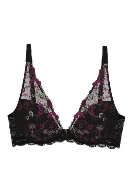 Сутиен с флорална дантела - Черен/Фанданго розово/Пепеляво сиво