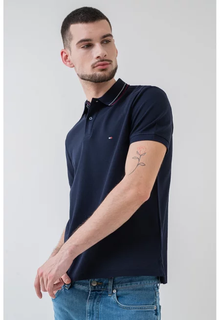 Тениска с органичен памук с яка - Тъмносин