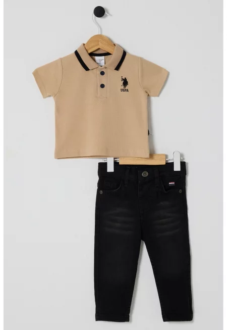 Тениска с яка и дънки - 2 части - Черен/Светло бежово