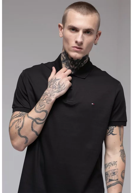 Тениска с яка и лого - Избеляло черно