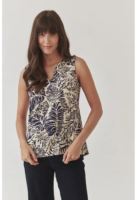 Топ с лен с шпиц - Мръснобял/Тъмносин