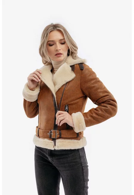 Зимно кожено яке Aviator с подплата от агнешки пух - Канелено кафяво