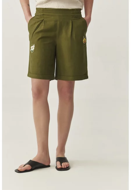 Бермуди с лен - Маслинено зелено