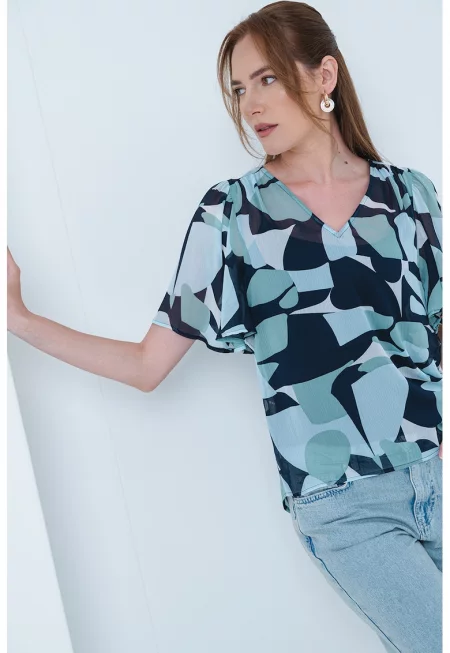 Блуза с ръкави тип пеперуда - Бял/Черен/Бледозелен