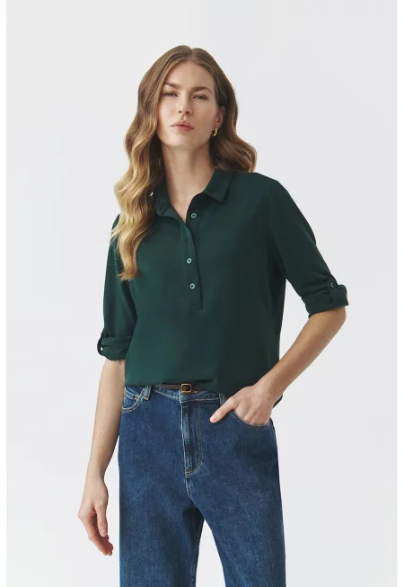 Блуза с яка и регулиращи се ръкави - Тъмнозелен