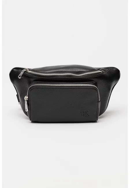 Чанта през кръста от еко кожа с преден джоб с цип - Черен