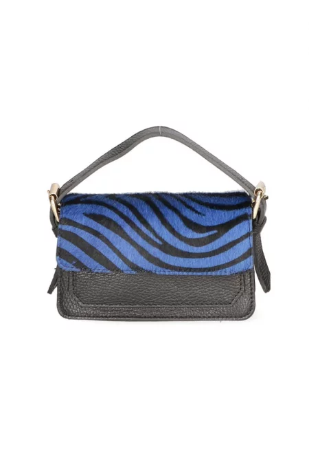 Чанта през рамо от кожа и кожа с косъм - Черен/Син