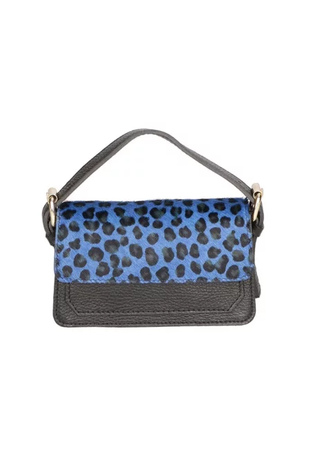 Чанта през рамо от кожа и кожа с косъм - Избеляло черно/Син