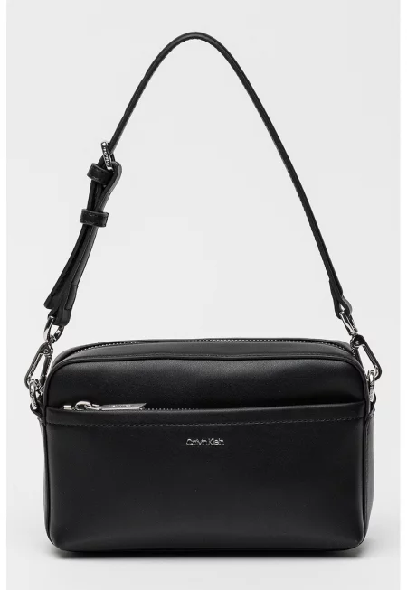 Чанта за рамо от еко кожа с лого на презрамката - Черен