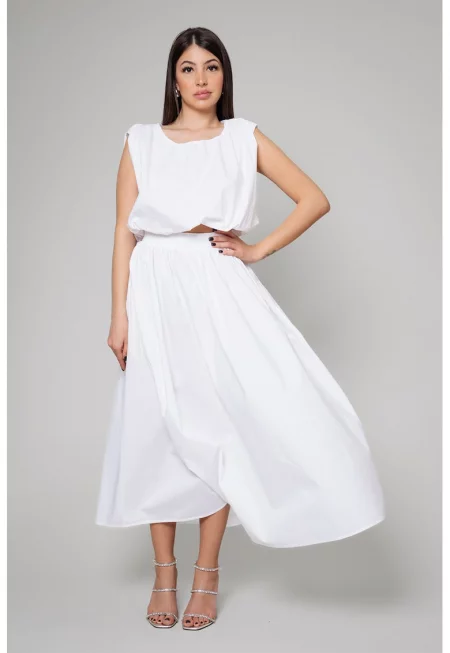 Дълга памучна пола и топ със свободна кройка - Бял