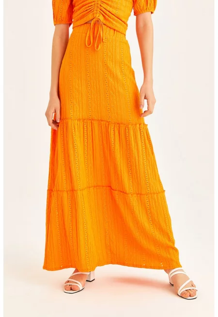 Дълга перфорирана пола с дипли - Оранжев