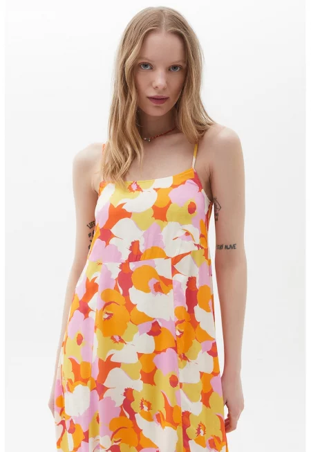 Дълга рокля с флорален десен - Оранжев/Розово