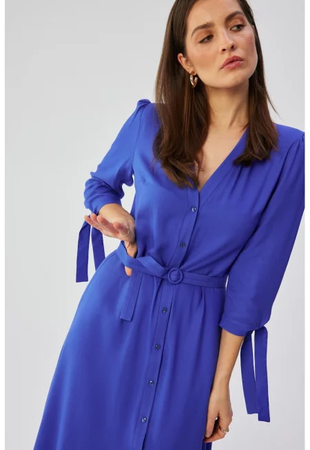 Дамска рокля - миди с вързани маншети - полиестер - M синьо