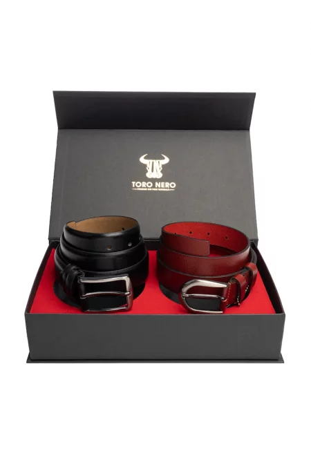 Дамски и мъжки комплект колан - естествена кожа - черно-червен - Middle-Basic