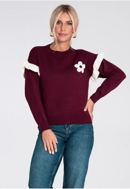Дамски пуловер  бордо - плетен - с волани и флорална апликация - ежедневен вискозен