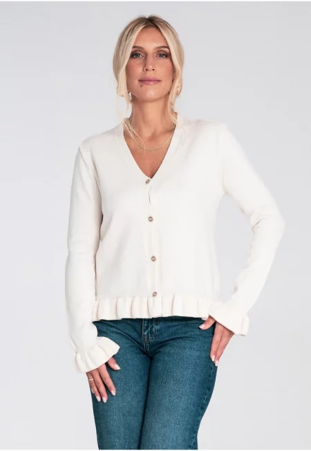 Дамски пуловер -  екрю - волани - V-образно деколте - мека вискозна плетка