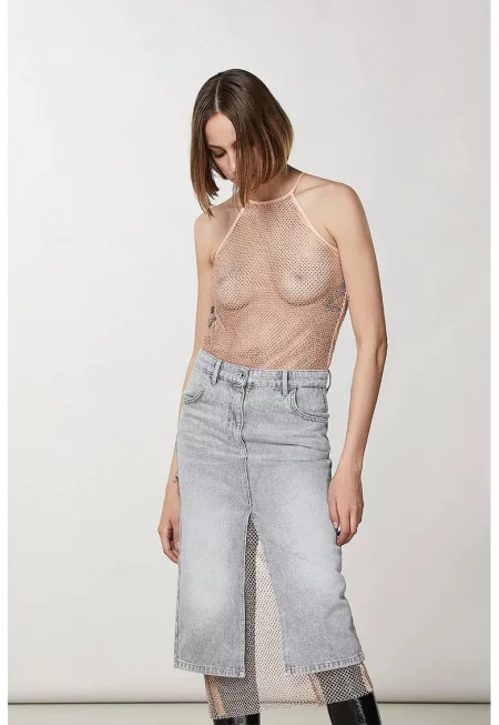 Дънкова пола с предни и задни джобове - Сив