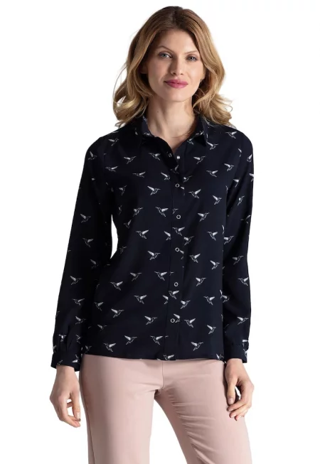 Елегантна риза  M284 - полиестер - дълъг ръкав - тъмносиньо -