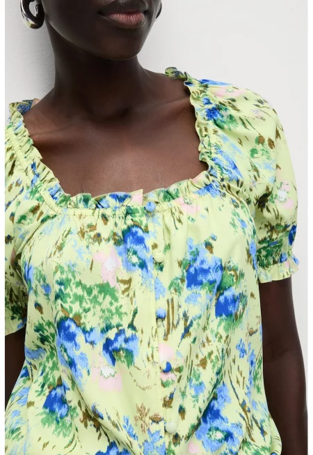 Флорална блуза с къси ръкави и квадратно деколте