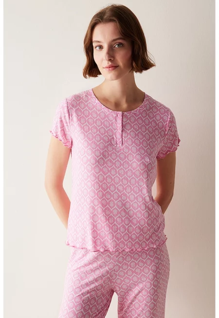 Горнище на пижама с принт и къси ръкави - Пастелнорозов