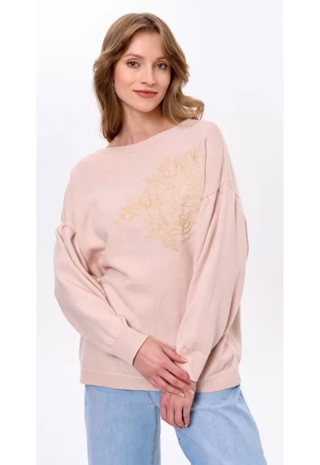 Извънгабаритен пуловер с бродерия и паднали ръкави