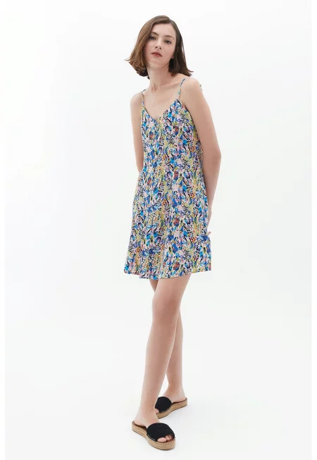 Къса флорална рокля - Зелен/Бежов/Син