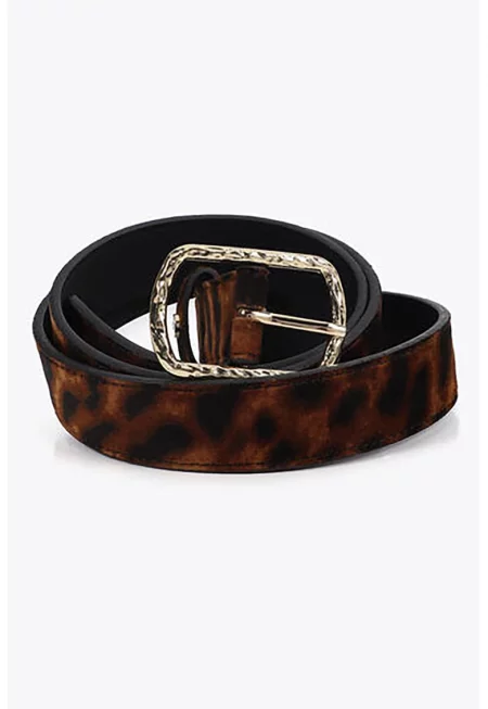 Колан с животинска шарка и метална тока - Канелено кафяво/Избеляло черно