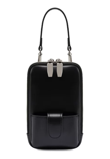 Кожена чанта през рамо за телефон с шагрен - Черен