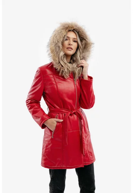 Кожено яке Paula с пух - Червен