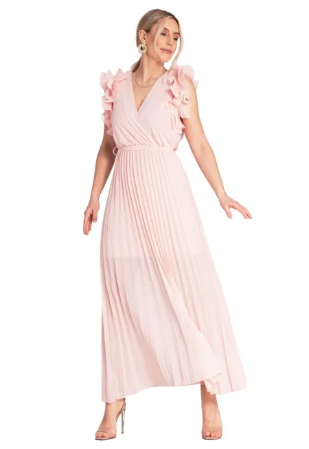 Макси рокля  плисирана - волани на ръкавите - розов - вискоза - еластан - полиестер - S/M