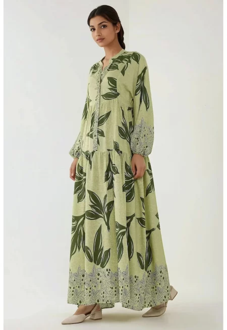 Макси рокля -  щампа на листа - зелено - вискоза