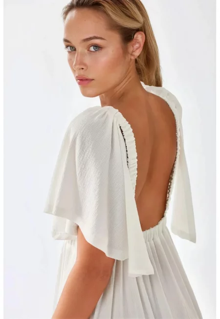 Макси рокля -  текстурирана - V-образно деколте - А-силует - бяла - текстил